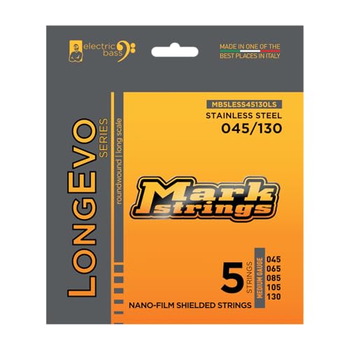 DV Mark Longevo Series - Electric Bass Strings Set of 5,  Medium Gauge (45-130) - Stainless Steel Bass Guitar Strings, Long Scale